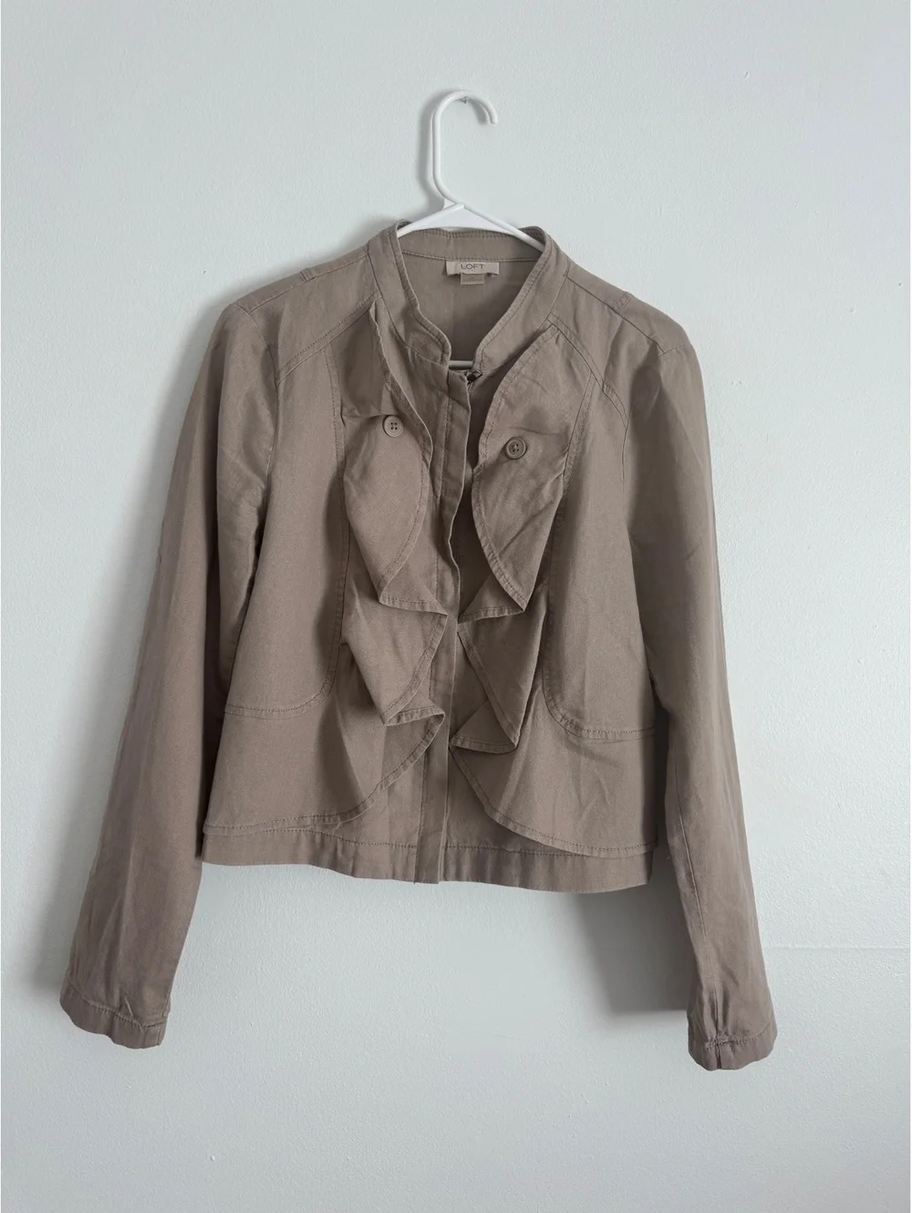 LOFT Women's Linen Cotton Ruffle Front Jacket Medium Taupe